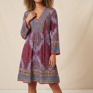 Akemi + Kin Avalon red Purple Paisley Mini Dress  Sz Small Long Bell Sleeve
